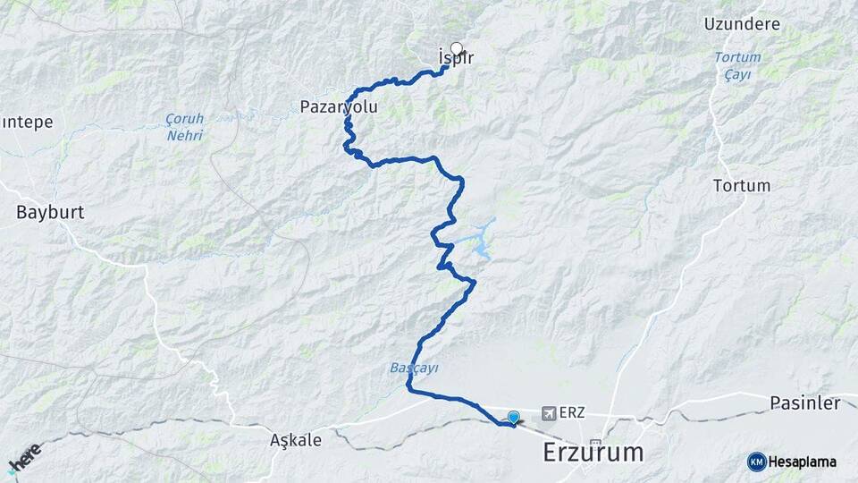 Erzurum Aziziye İspir Arası Kaç Km - Yol Haritası