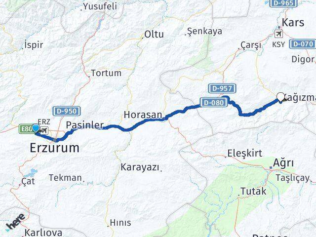 Erzurum Aziziye Kağızman Kars Arası Kaç Km - Yol Haritası