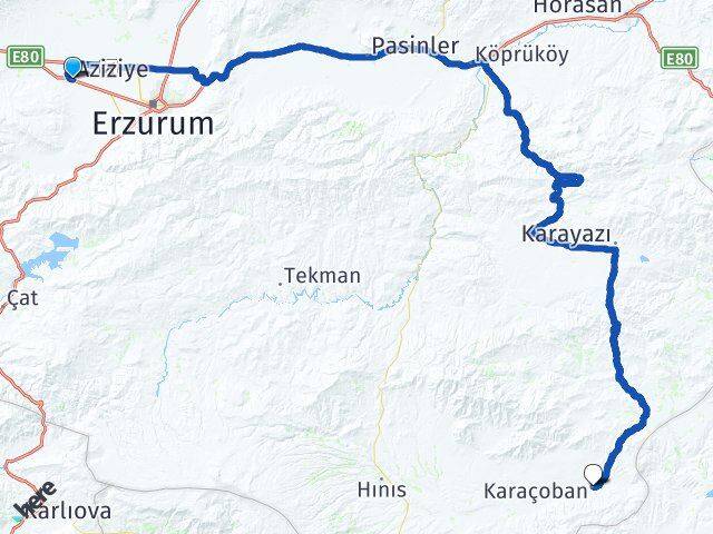 Erzurum Aziziye Karaçoban Arası Kaç Km - Yol Haritası