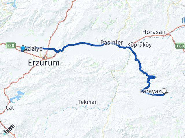 Erzurum Aziziye Karayazı Arası Kaç Km - Yol Haritası