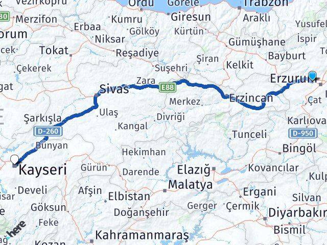 Erzurum Aziziye Kayseri Arası Kaç Km - Yol Haritası