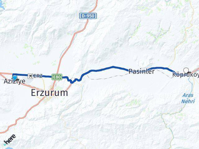 Erzurum Aziziye Köprüköy Arası Kaç Km - Yol Haritası