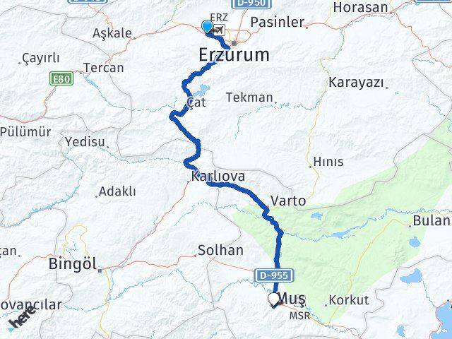 Erzurum Aziziye Muş Arası Kaç Km - Yol Haritası