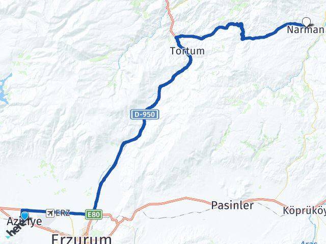 Erzurum Aziziye Narman Arası Kaç Km - Yol Haritası