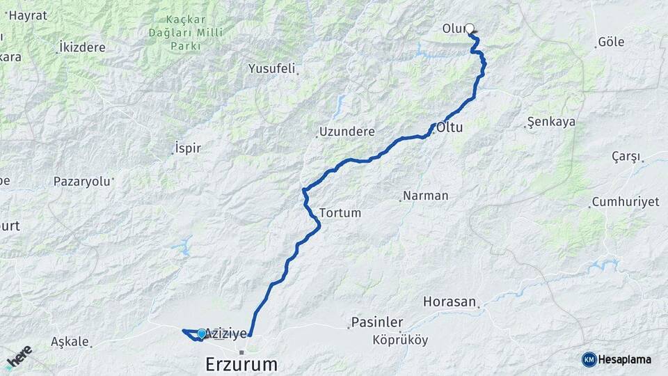 Erzurum Aziziye Olur Arası Kaç Km - Yol Haritası