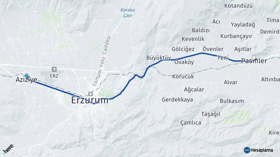 Erzurum Aziziye Pasinler Arası Kaç Km - Yol Haritası