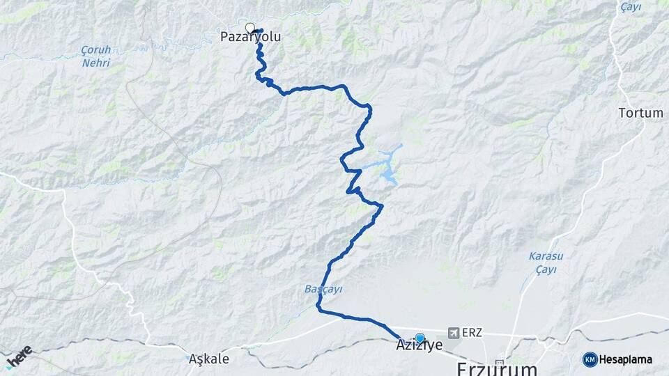 Erzurum Aziziye Pazaryolu Arası Kaç Km - Yol Haritası