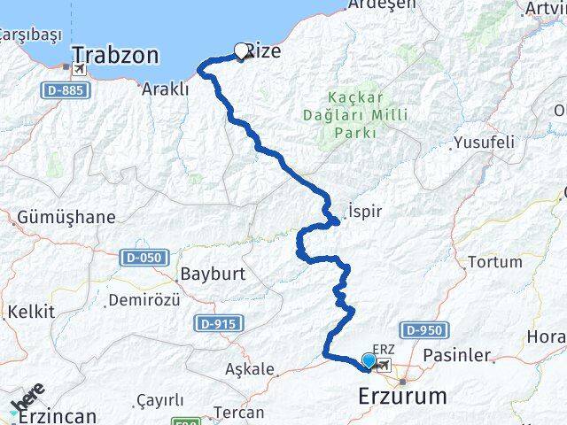Erzurum Aziziye Rize Arası Kaç Km - Yol Haritası