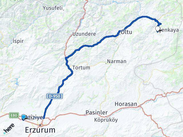 Erzurum Aziziye Şenkaya Arası Kaç Km - Yol Haritası