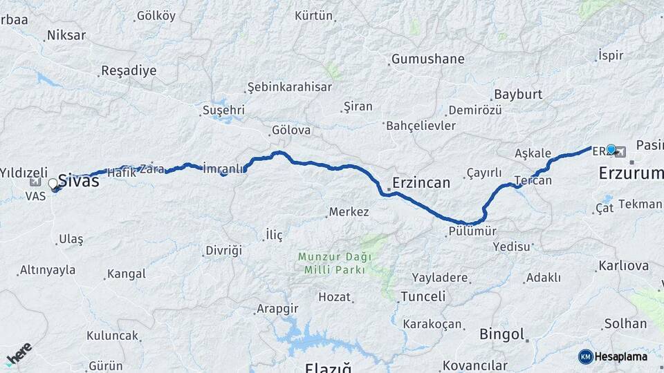 Erzurum Aziziye Sivas Arası Kaç Km - Yol Haritası