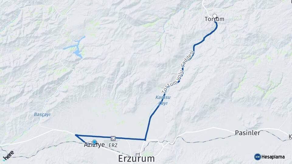 Erzurum Aziziye Tortum Arası Kaç Km - Yol Haritası