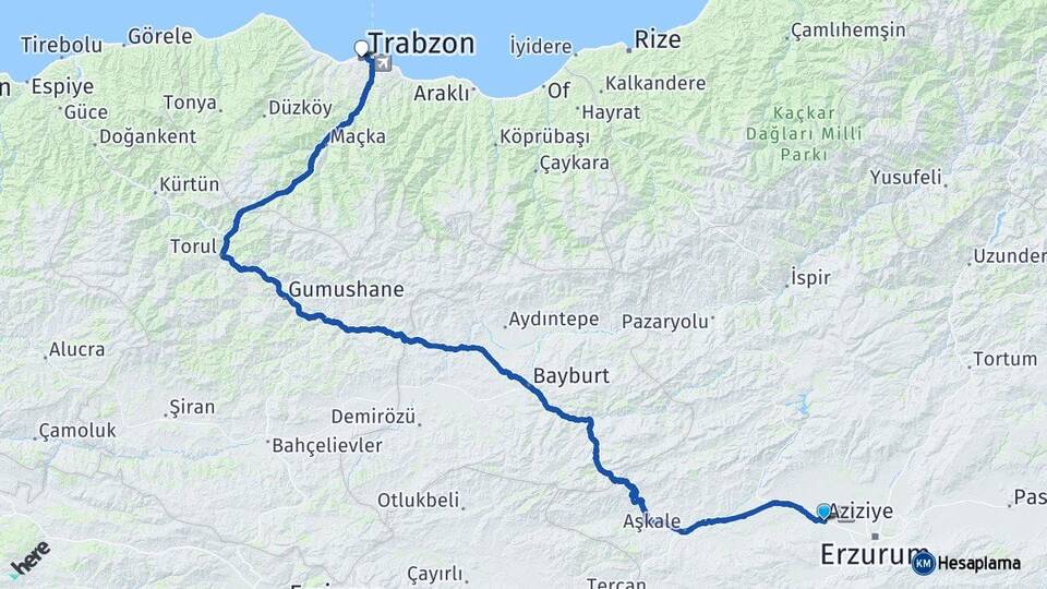 Erzurum Aziziye Trabzon Arası Kaç Km - Yol Haritası