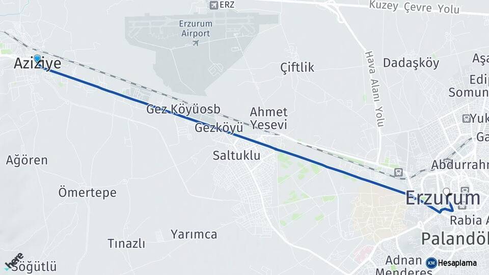 Erzurum Aziziye Yakutiye Arası Kaç Km - Yol Haritası