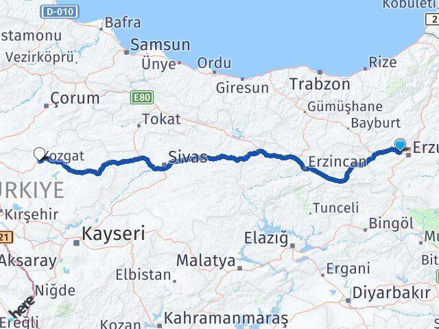 Erzurum Aziziye Yozgat Arası Kaç Km - Yol Haritası