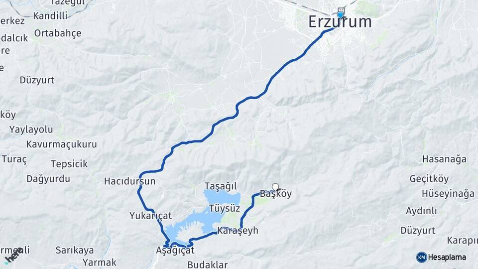 Erzurum Başköy Çat Arası Kaç Km - Yol Haritası