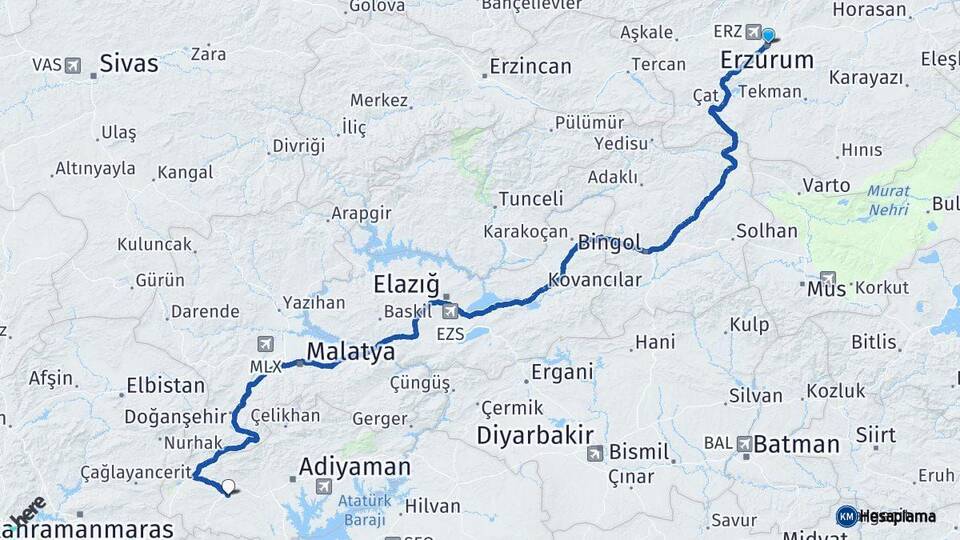 Erzurum Besni Adıyaman Arası Kaç Km - Yol Haritası
