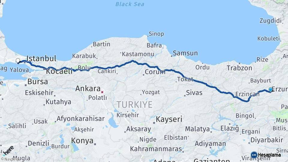 Erzurum Beylikdüzü İstanbul Arası Kaç Km - Yol Haritası