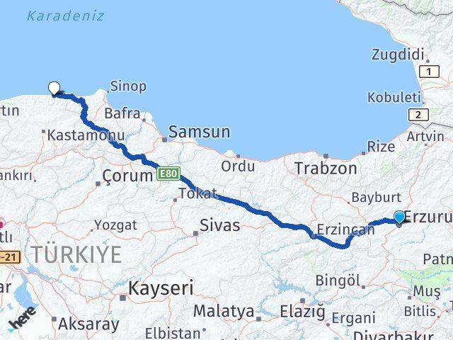 Erzurum Bozkurt Kastamonu Arası Kaç Km - Yol Haritası