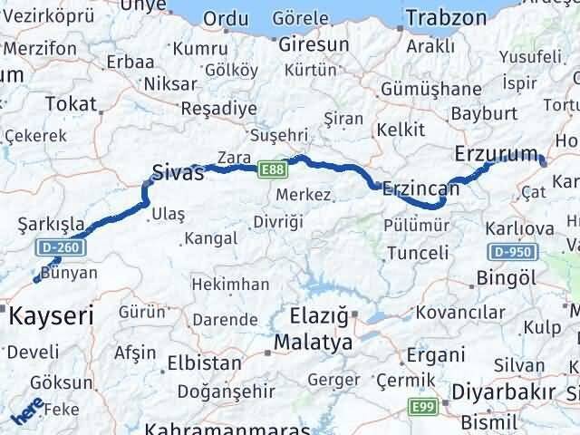 Erzurum Bünyan Kayseri Arası Kaç Km - Yol Haritası