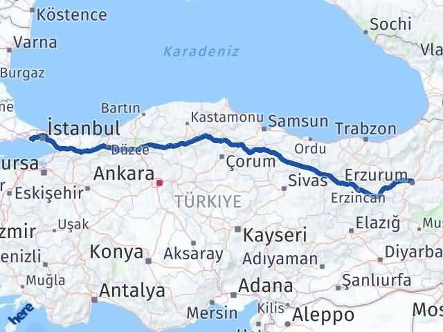 Erzurum Büyükçekmece İstanbul Arası Kaç Km - Yol Haritası