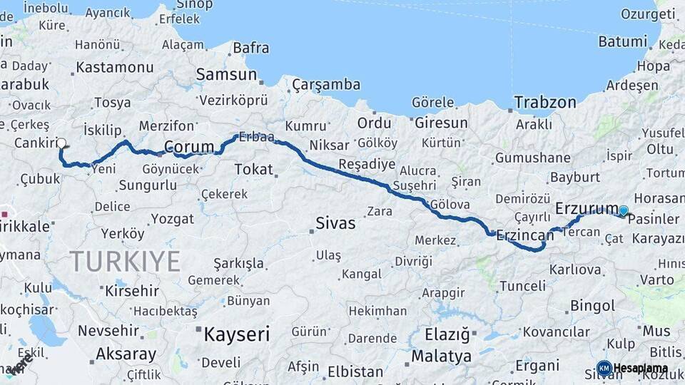 Erzurum Çankırı Arası Kaç Km - Yol Haritası