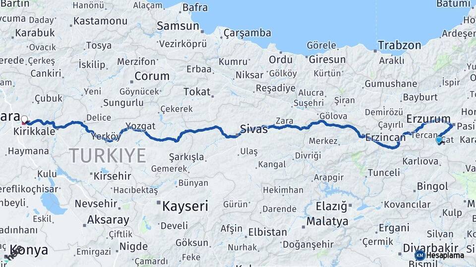 Erzurum Çat Ankara Arası Kaç Km - Yol Haritası