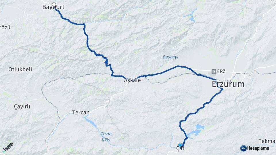 Erzurum Çat Bayburt Arası Kaç Km - Yol Haritası