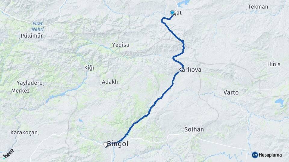 Erzurum Çat Bingöl Arası Kaç Km - Yol Haritası