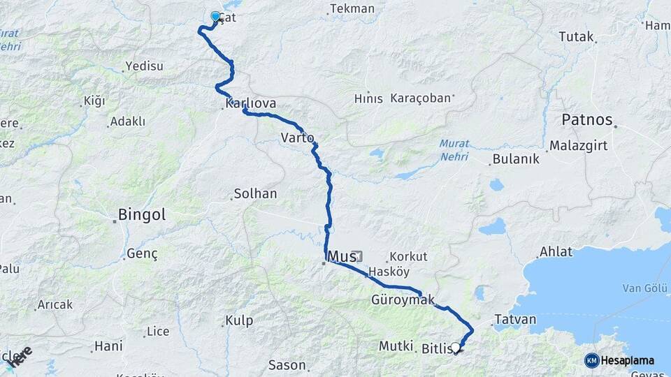 Erzurum Çat Bitlis Arası Kaç Km - Yol Haritası