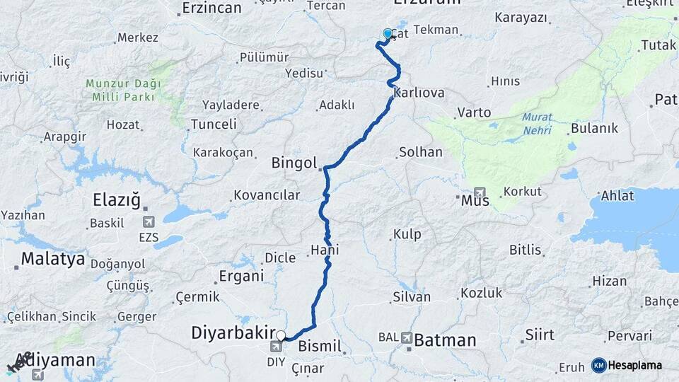 Erzurum Çat Diyarbakır Arası Kaç Km - Yol Haritası