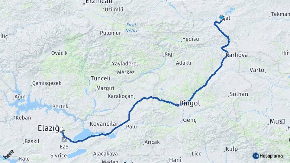 Erzurum Çat Elazığ Arası Kaç Km - Yol Haritası