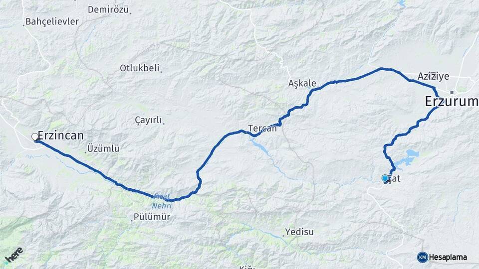 Erzurum Çat Erzincan Arası Kaç Km - Yol Haritası