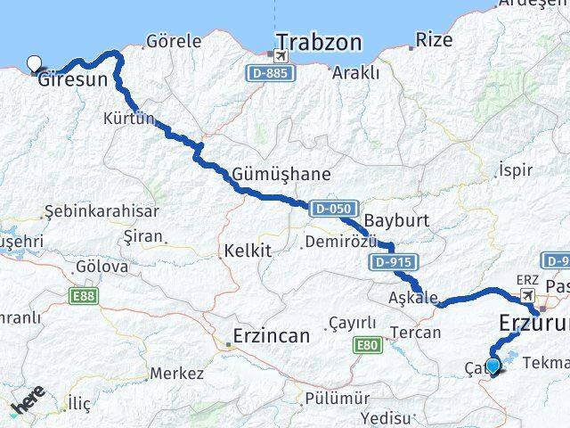 Erzurum Çat Giresun Arası Kaç Km - Yol Haritası