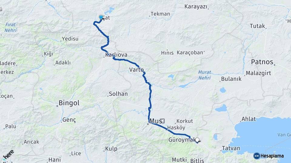 Erzurum Çat Güroymak Bitlis Arası Kaç Km - Yol Haritası
