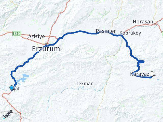 Erzurum Çat Karayazı Arası Kaç Km - Yol Haritası
