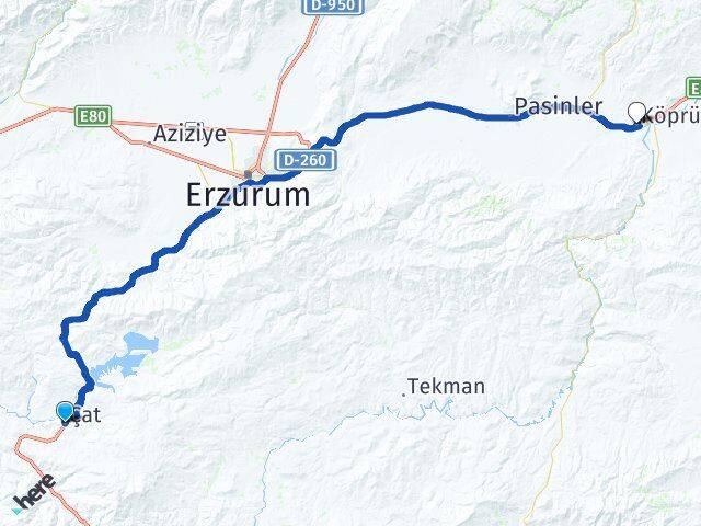 Erzurum Çat Köprüköy Arası Kaç Km - Yol Haritası