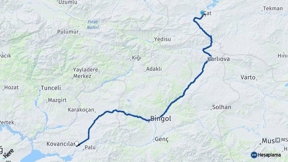 Erzurum Çat Kovancılar Elazığ Arası Kaç Km - Yol Haritası