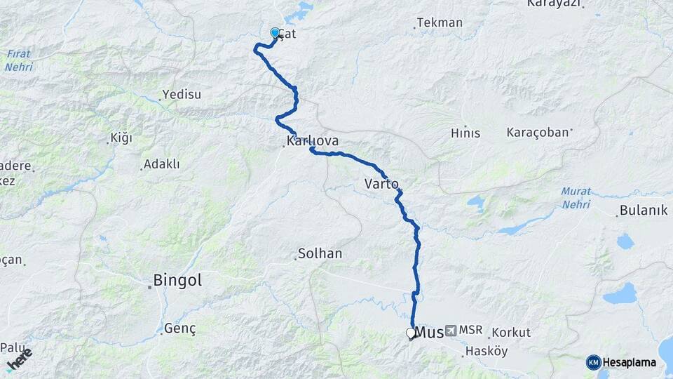 Erzurum Çat Muş Arası Kaç Km - Yol Haritası