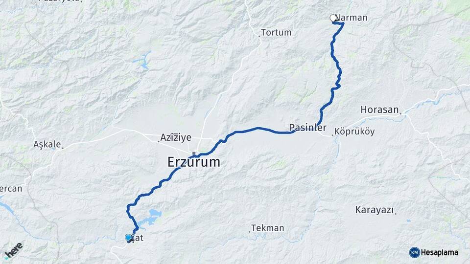 Erzurum Çat Narman Arası Kaç Km - Yol Haritası
