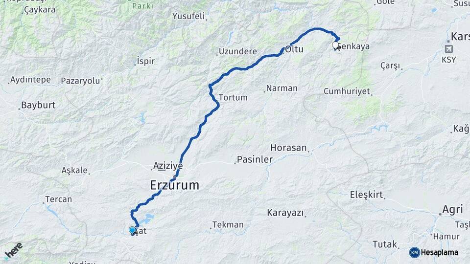 Erzurum Çat Şenkaya Arası Kaç Km - Yol Haritası