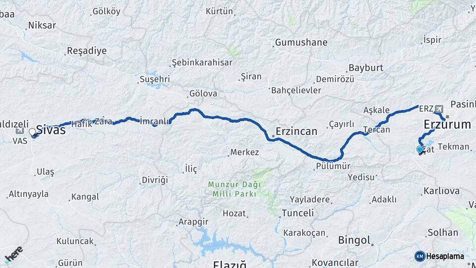 Erzurum Çat Sivas Arası Kaç Km - Yol Haritası
