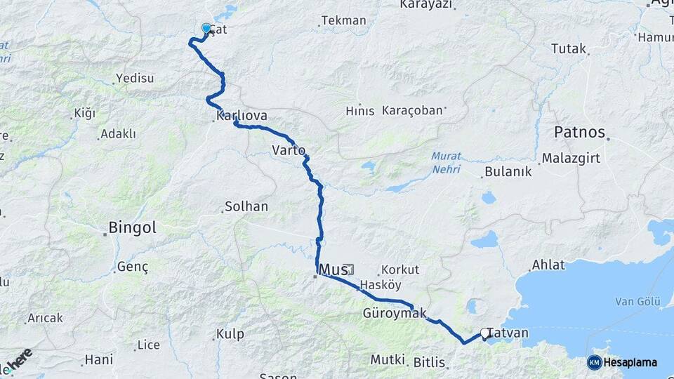 Erzurum Çat Tatvan Bitlis Arası Kaç Km - Yol Haritası