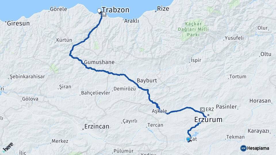 Erzurum Çat Trabzon Arası Kaç Km - Yol Haritası