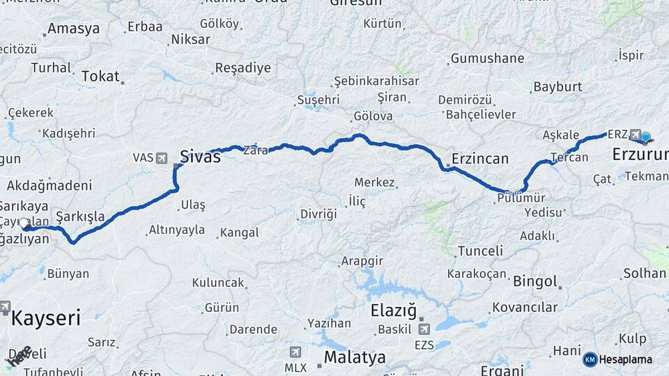 Erzurum Çayıralan Yozgat Arası Kaç Km - Yol Haritası