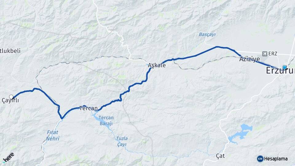 Erzurum Çayırlı Erzincan Arası Kaç Km - Yol Haritası