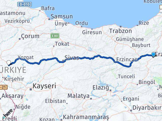 Erzurum Çiçekdağı Kırşehir Arası Kaç Km - Yol Haritası