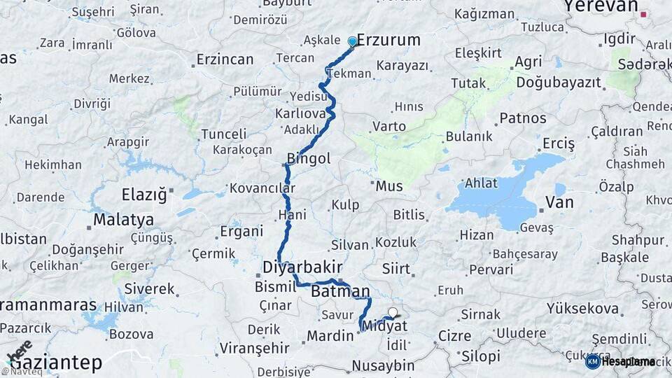 Erzurum Dargeçit Mardin Arası Kaç Km - Yol Haritası