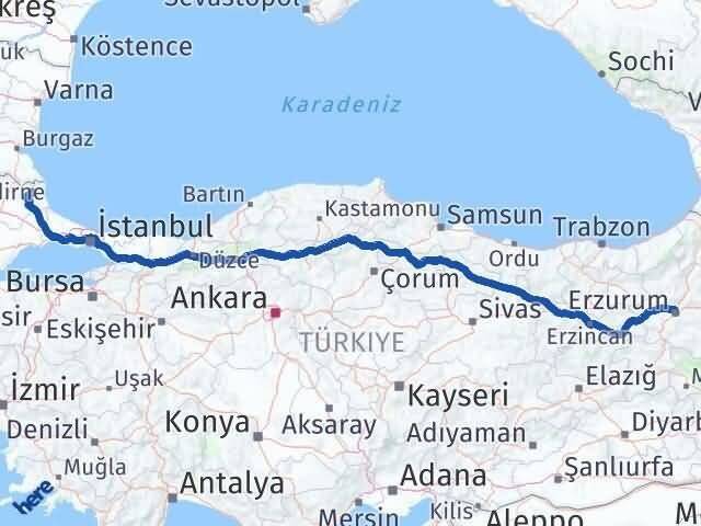 Erzurum Demirköy Kırklareli Arası Kaç Km - Yol Haritası