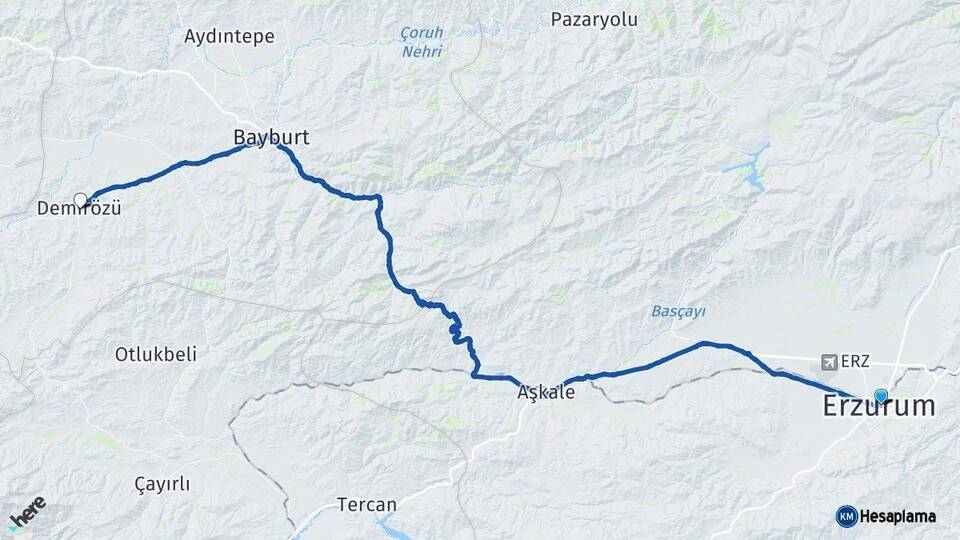 Erzurum Demirözü Bayburt Arası Kaç Km - Yol Haritası