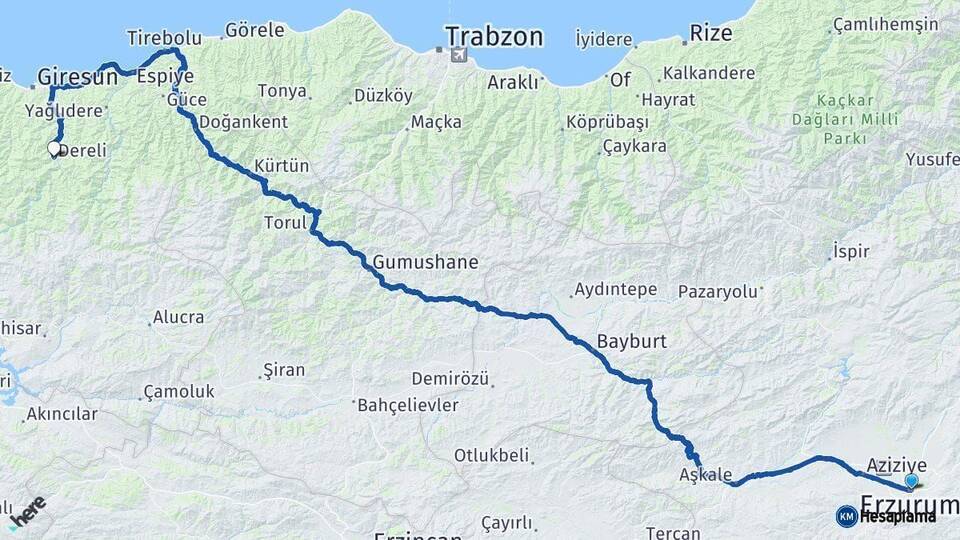 Erzurum Dereli Giresun Arası Kaç Km - Yol Haritası